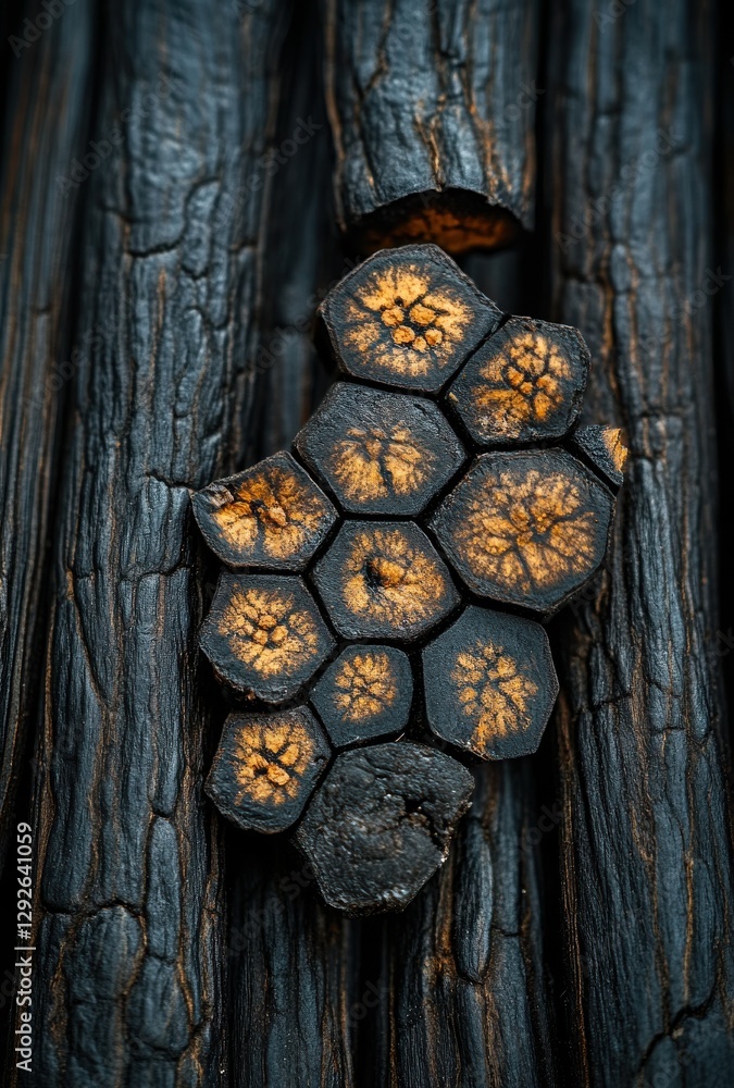 Poster unique close-up of charred wood with hexagonal patterns and intricate textures showcasing nature's a