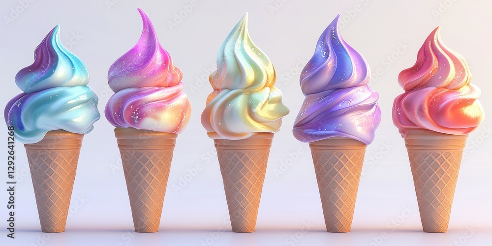 Aufkleber vibrant colorful swirl ice cream cones in a row with delightful toppings and attractive presentation