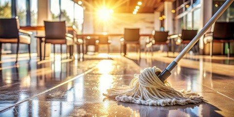Obraz premium A sparkling clean mop head with soap suds on a sunlit restaurant floor after thorough cleaning and sanitizing process, sanitation, janitorial supplies