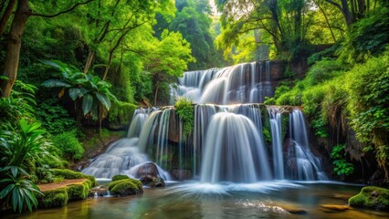waterfall cascade through dense foliage, flowing water, forest greenery