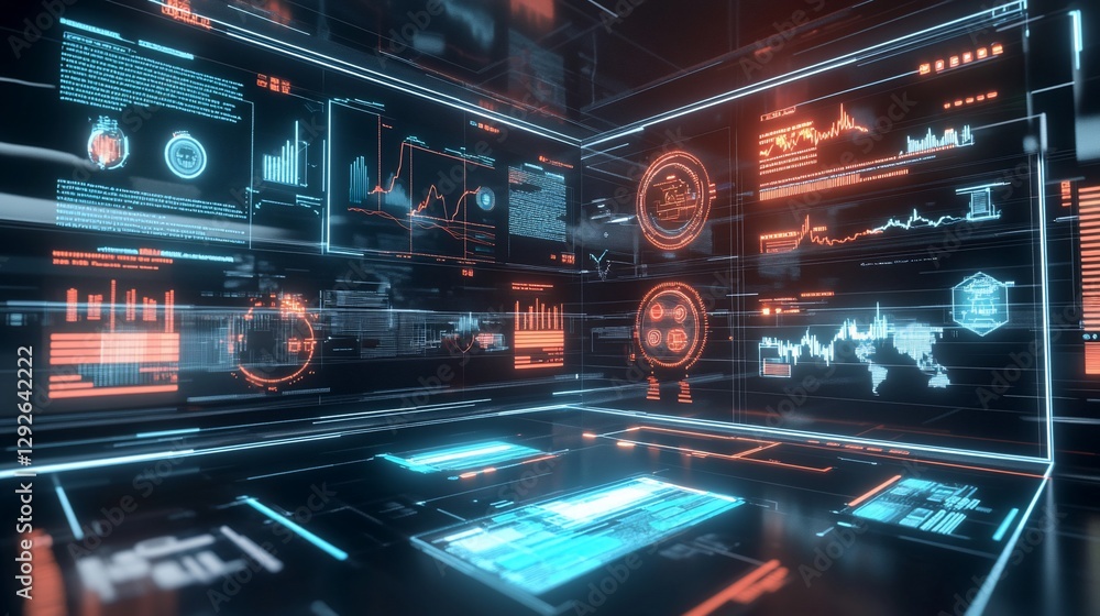 Poster futuristic digital interface with global data streams