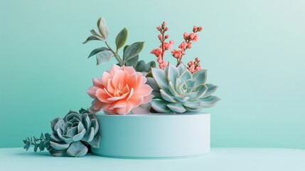 podium natural plant mockup fragrance display. Pastel Succulents and Flowers on Teal Background.