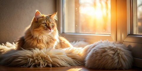 A ball of fluff lounges in a warm spot beside a sunlit window frame