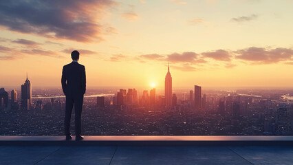 A businessman in a dark suit standing on top of a skyscraper rooftop at sunrise, looking at a city skyline, symbolizing ambition and success