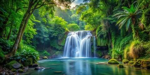 Fototapeta premium waterfall amidst dense foliage, peaceful atmosphere