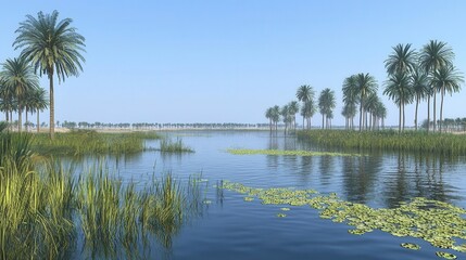 Serene Oasis Palm Trees Calm Water Lush Greenery