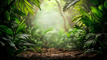 Lush Green Tropical Jungle Path Sunlight Through Foliage