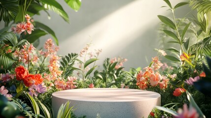 podium natural plant mockup fragrance display. Serene Floral Display with Elegant Stone Pedestal (1).