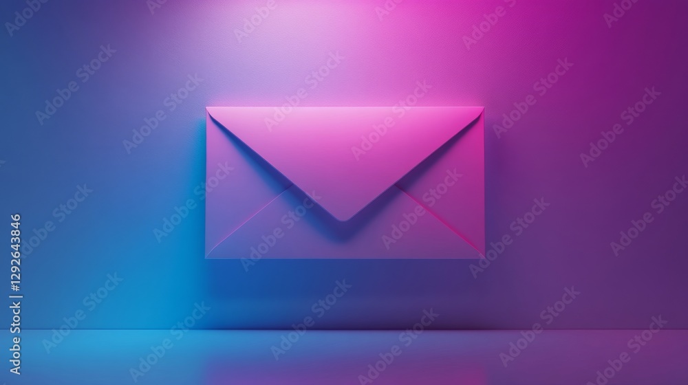 Aufkleber envelope with gradient neon lighting in pink and blue tones on a flat surface, futuristic communicat