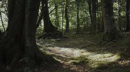 Naklejka premium Sunlit Path Through a Lush Mossy Forest