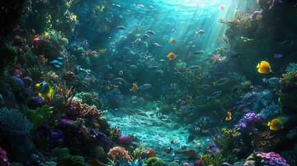 Naklejka premium Vibrant Underwater Coral Reef Scene with Colorful Fish