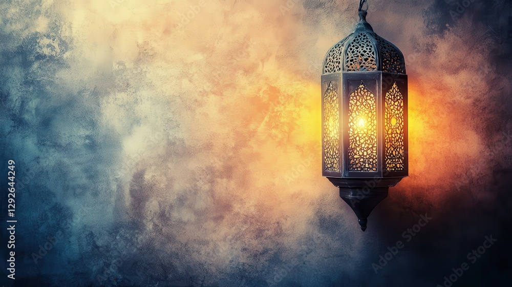 Poster intricate lantern casting warm light on textured background with moody atmosphere for artistic and c