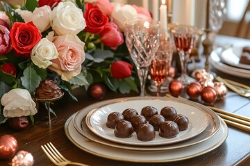 A romantic Valentine Day dinner setup with roses, chocolates, and candles