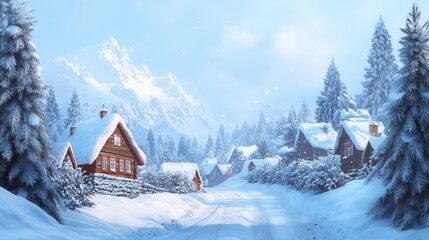 Fototapeta premium Snowy Village in Mountain Winter Wonderland Scene