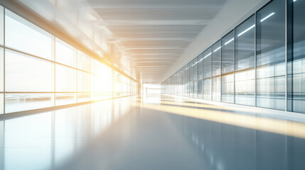 The modern, open curved hall has large Windows through which light pours in