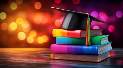 and symbolic shot showcasing the colorful and vibrant of LGBTQ representation and inclusivity in the academic and educational sphere with a graduation cap books and a rainbow colored background