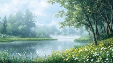 Fototapeta premium Serene River Landscape with Misty Morning and Blooming Meadows
