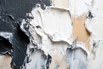 Close-up of a textured abstract painting in black, white, and beige. Ideal for design projects needing a modern, artistic backdrop.
