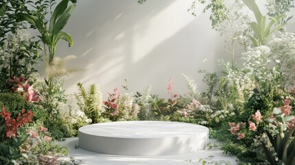 podium natural plant mockup fragrance display. Serene Garden Scene with White Circular Pedestal.