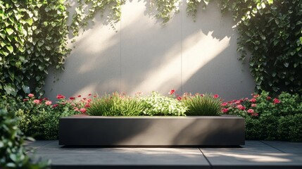 podium natural plant mockup fragrance display. Serene Garden with Planter Box and Lush Greenery.
