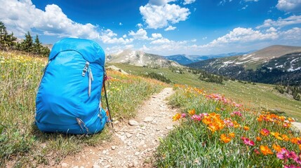 Backpack on a mountain trail amidst wildflowers and scenic vistas