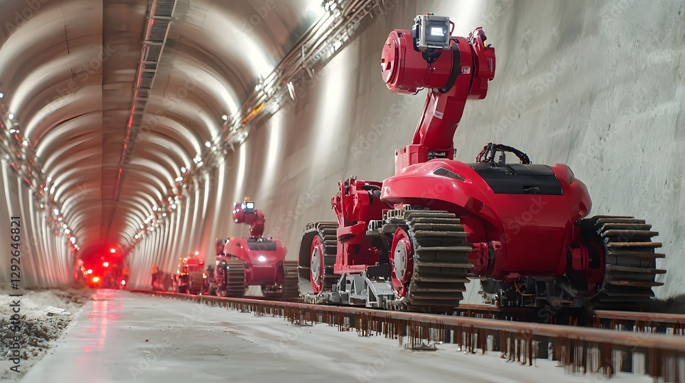 Poster Close up view of advanced robotic machinery performing automated inspection and reinforcement of tunnel linings during railway construction project