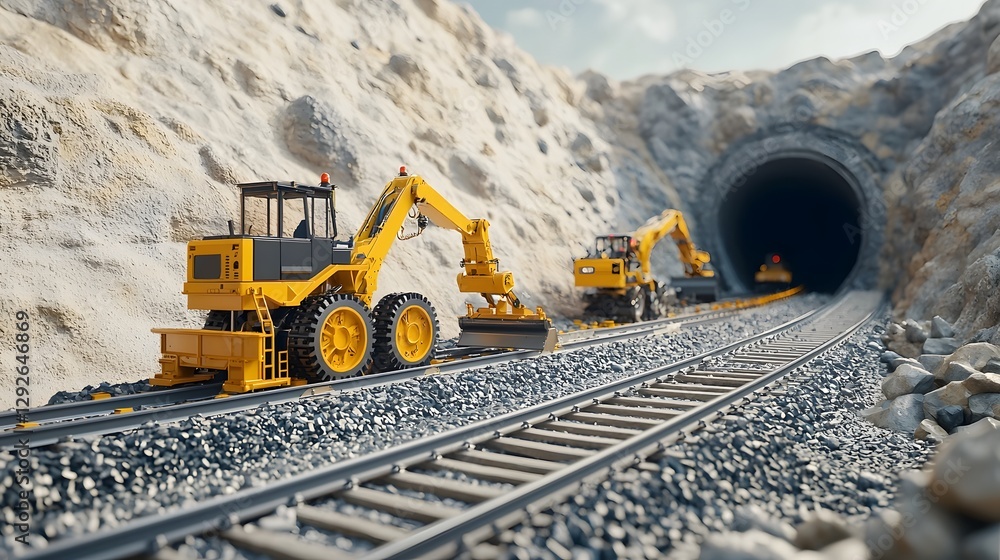 Poster Close up view of automated construction machinery and equipment operating to lay railway tracks inside a newly excavated tunnel through the mountain landscape
