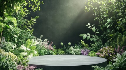 podium natural plant mockup fragrance display. Serene Green Platform in Lush Botanical Garden Setting.