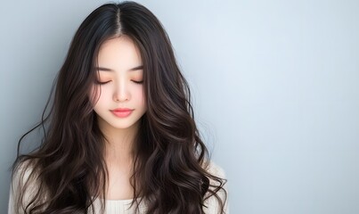 Naklejka premium Beautiful Asian girl with soft and fluffy long hair, Generative AI