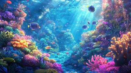 Vibrant Coral Reef Underwater Scene with Colorful Fish