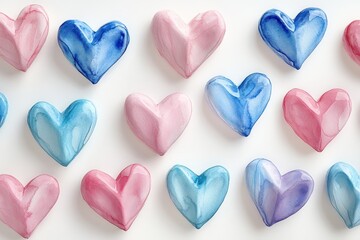 Obraz premium Watercolor hearts in pink and blue shades, arranged on white background. Perfect for Valentine's Day, love, romance, or wedding designs.