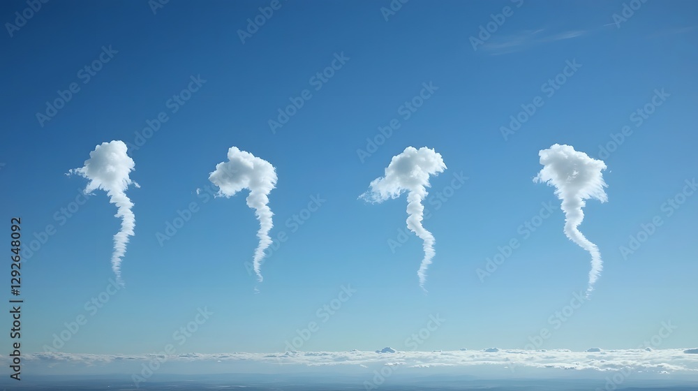 Poster A captivating image of wispy ethereal vapor clouds forming mesmerizing abstract patterns and shapes in the clear blue sky creating a serene and contemplative atmosphere