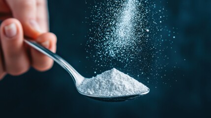 Close-Up of Hand Holding Spoon with Sugar Falling in Dramatic Style against Dark Background