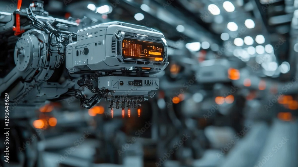 Poster advanced robotic arm in a high-tech industrial setting with glowing elements.