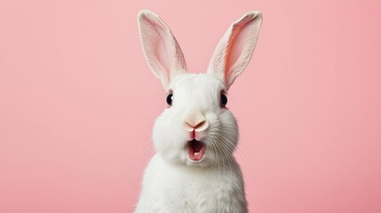 Obraz premium Cute White Rabbit with Open Mouth on Pink Background, Perfect for Spring and Easter Celebrations
