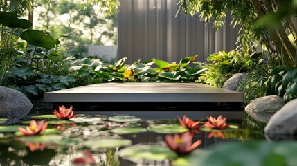 podium natural plant mockup fragrance display. Serene Zen Garden Pond with Water Lilies and Platform.