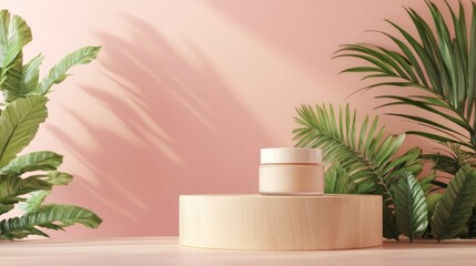 podium natural plant mockup fragrance display. Skincare Product Display on Wooden Platform with Tropical Plants.