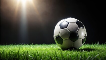 Fototapeta premium A soccer ball is placed on a black background with blurred green grass in the foreground creating a sense of depth and setting the scene for a football match , black background, soccer ball