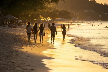 Silhouette People Running on Beach at Golden Hour Sunset with Tropical Trees and Crowded Beach
