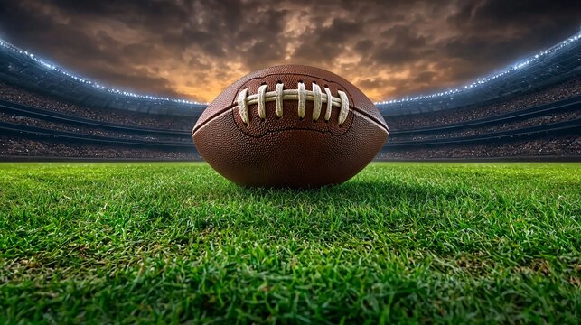 epic football scene at dusk with ball on grassy field