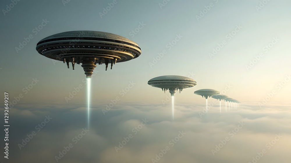 Poster A digital rendering depicting a complex futuristic alien transportation system featuring levitating platforms smoothly gliding along intricate networks of luminous pathways through a surreal