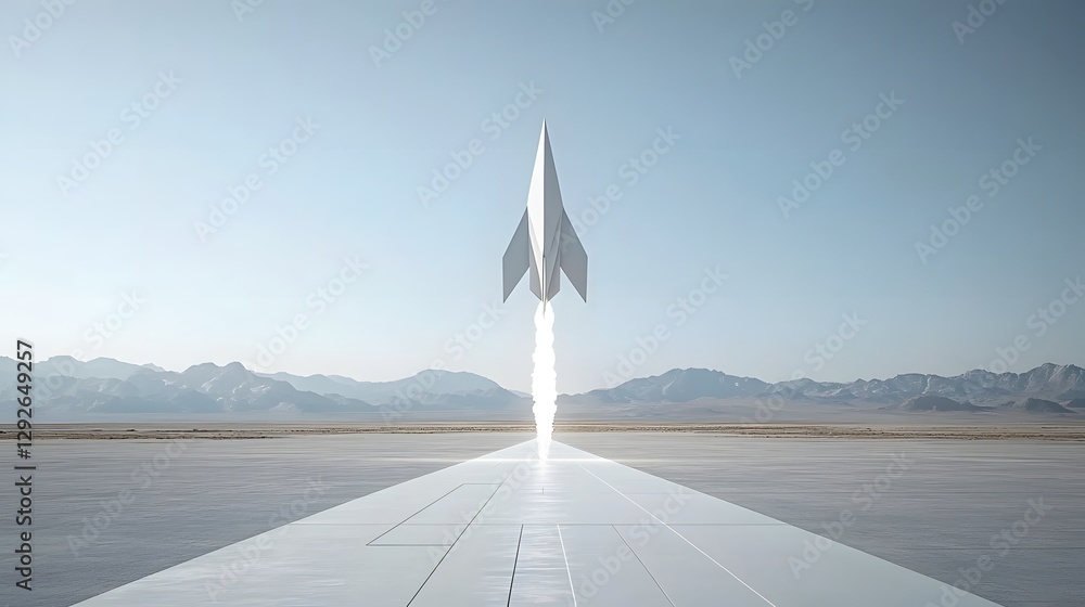 Poster A digital rendering of a futuristic paper rocket with angular wings and a sleek paper runway taking off into the sky  This innovative conceptual design showcases a sustainable