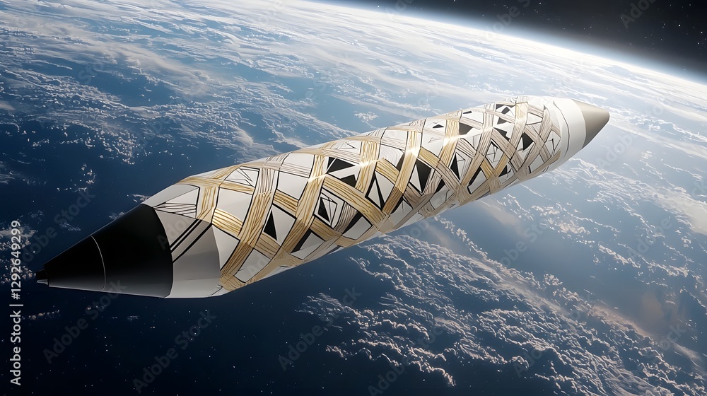 Poster A digital rendering of a paper rocket designed with geometric patterns floating in a zero gravity environment representing futuristic space and technology innovation