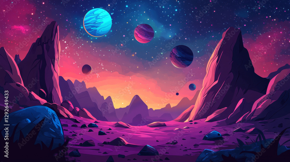 Poster galaxy travel cartoon landing page with planets in outer space, cosmic objects in dark starry sky. c