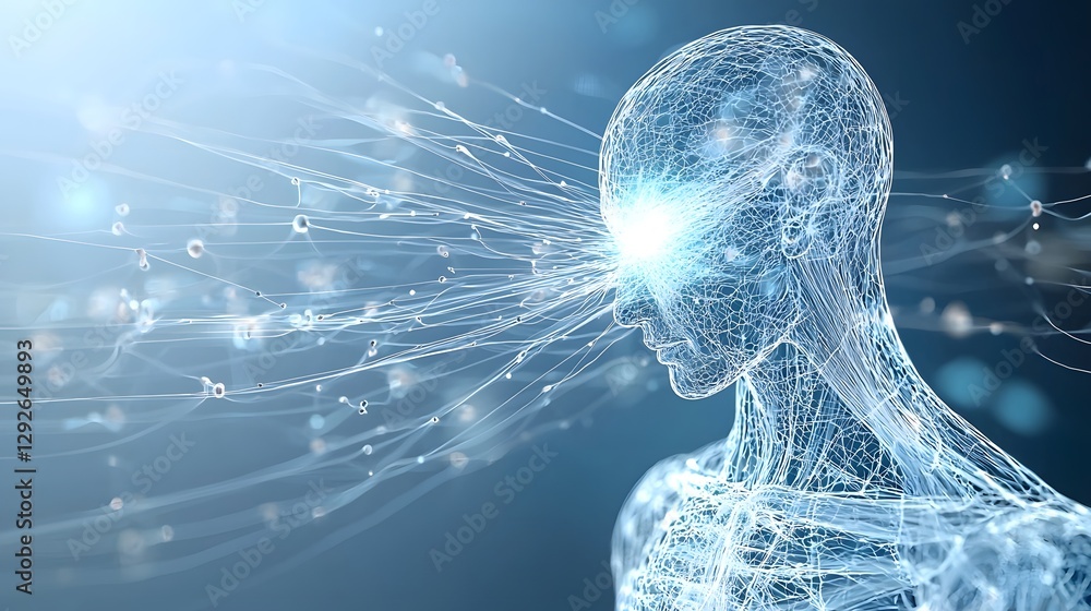 Poster A dynamic and futuristic visual simulation of pulsing energy waves radiating outward from a sore or painful area of the human neck representing the flow of information power