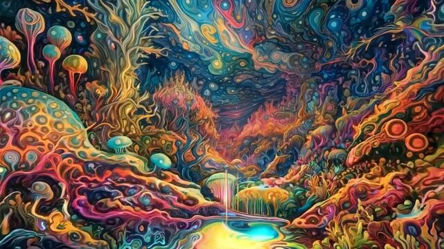A surreal, psychedelic landscape with trippy, neon dreamlike vibes. Blending trees twist and morph, glowing in hallucinatory hues, creating a vivid, otherworldly realm of color and fantasy.
