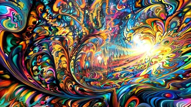 A surreal psychedelic landscape with a tunnel spiraling into a vortex, bursting with vibrant, hallucinogenic colors. Trippy, otherworldly visuals twist and morph in an endless, mind-bending flow.

