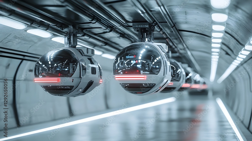 Poster A futuristic and conceptual depiction of an alien transportation system featuring levitating platforms that hover and move along luminous light paths within a dark minimalist environment