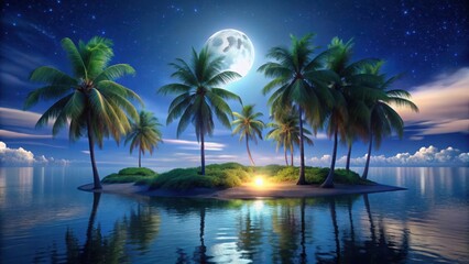 Island Night Scene Under Palm Trees, peaceful ambiance, evening landscape
