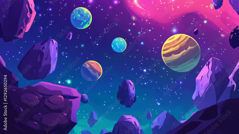 Poster galaxy travel cartoon landing page with planets in outer space, cosmic objects in dark starry sky. c